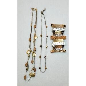 2 Pc Lot Necklace Stretch Bracelet Lot Twotone Goldtone Silvertone Metal Y2K